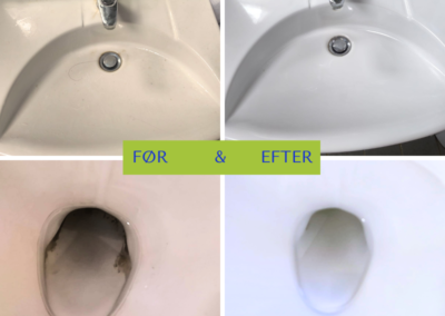 Før og efter billede af professionel rengøring af toiletvask og toilet udført af erfarent rengøringsfirma